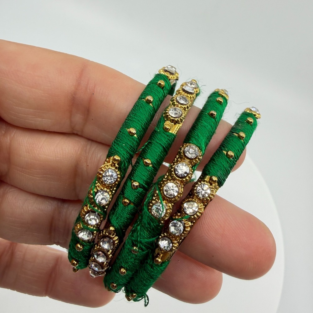 Y2K Emerald Green Rhinestone & Gold-Tone Thread-Wrapped Bangle Set - Picture 9 of 11